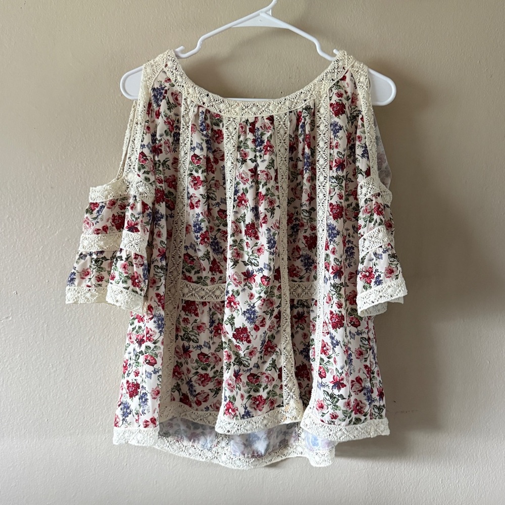 Anthropologie Blue Tassel Floral Cold Shoulder Lace Top Cottagecore size XSP